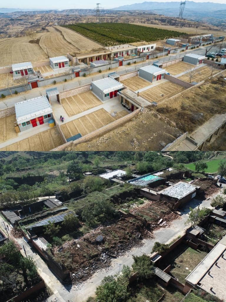 拼版照片，上圖是2022年1月山西省霍州市師莊鄉(xiāng)馮南垣村災(zāi)后恢復(fù)重建后的場(chǎng)景，下圖是2021年10月村莊因?yàn)?zāi)受損的場(chǎng)景。(霍州市委宣傳部供圖)