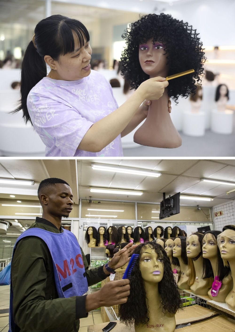 拼版照片：上圖為2023年5月25日，工人在湖南邵陽(yáng)陽(yáng)光發(fā)品有限公司展廳展示假發(fā)（新華社記者薛宇舸攝）；下圖為2023年6月9日，一名店員在湖南邵陽(yáng)陽(yáng)光發(fā)品有限公司位于南非約翰內(nèi)斯堡的店鋪內(nèi)展示假發(fā)（新華社記者張譽(yù)東攝）。新華社發(fā)