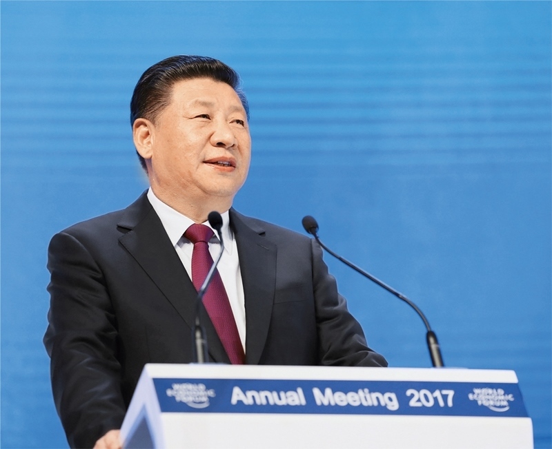 2017年1月17日，習(xí)近平主席在瑞士達(dá)沃斯國(guó)際會(huì)議中心出席世界經(jīng)濟(jì)論壇2017年年會(huì)開(kāi)幕式，并發(fā)表題為《共擔(dān)時(shí)代責(zé)任 共促全球發(fā)展》的主旨演講。