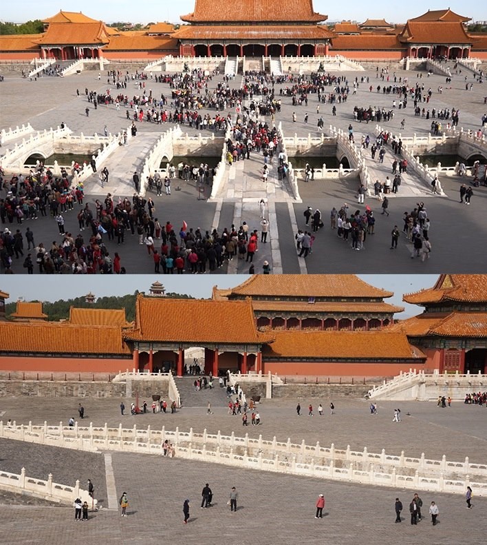 上午9時和下午13時的太和門廣場客流對比。故宮博物院供圖