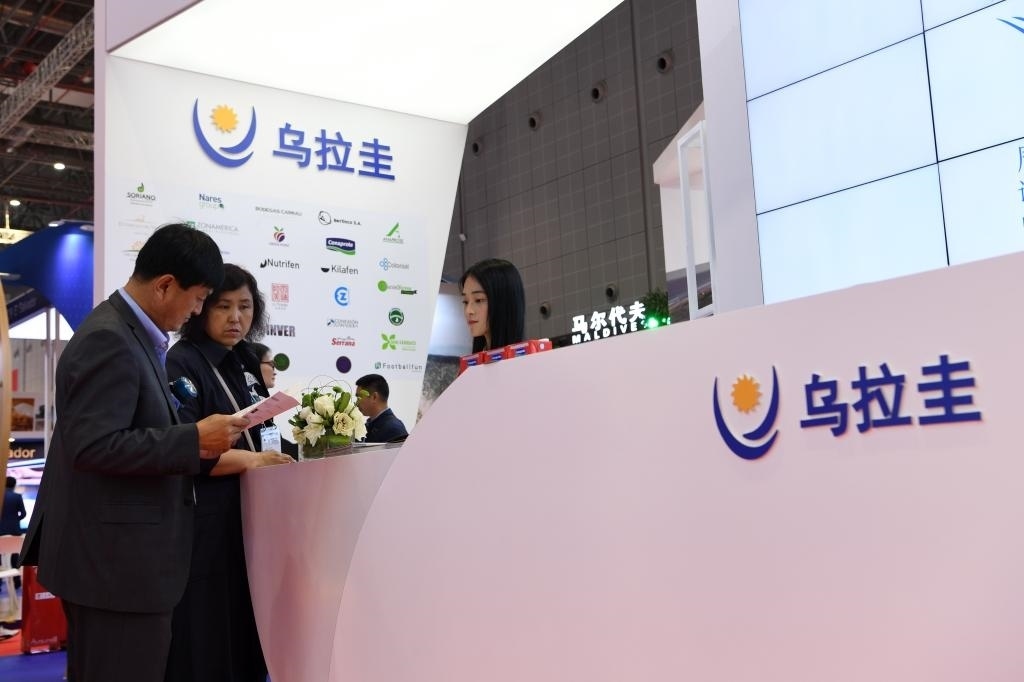 2019年11月6日，參觀者在第二屆進博會烏拉圭國家館展臺咨詢。