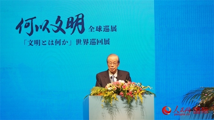 日本前首相福田康夫致辭。人民網(wǎng) 蔣曉辰攝