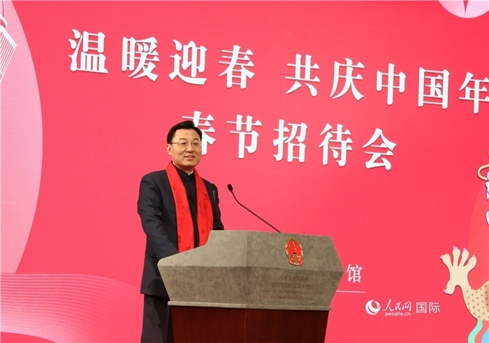 中國駐美國大使謝鋒發(fā)表致辭，向全體在美同胞致以親切問候。人民網(wǎng)記者 李志偉攝