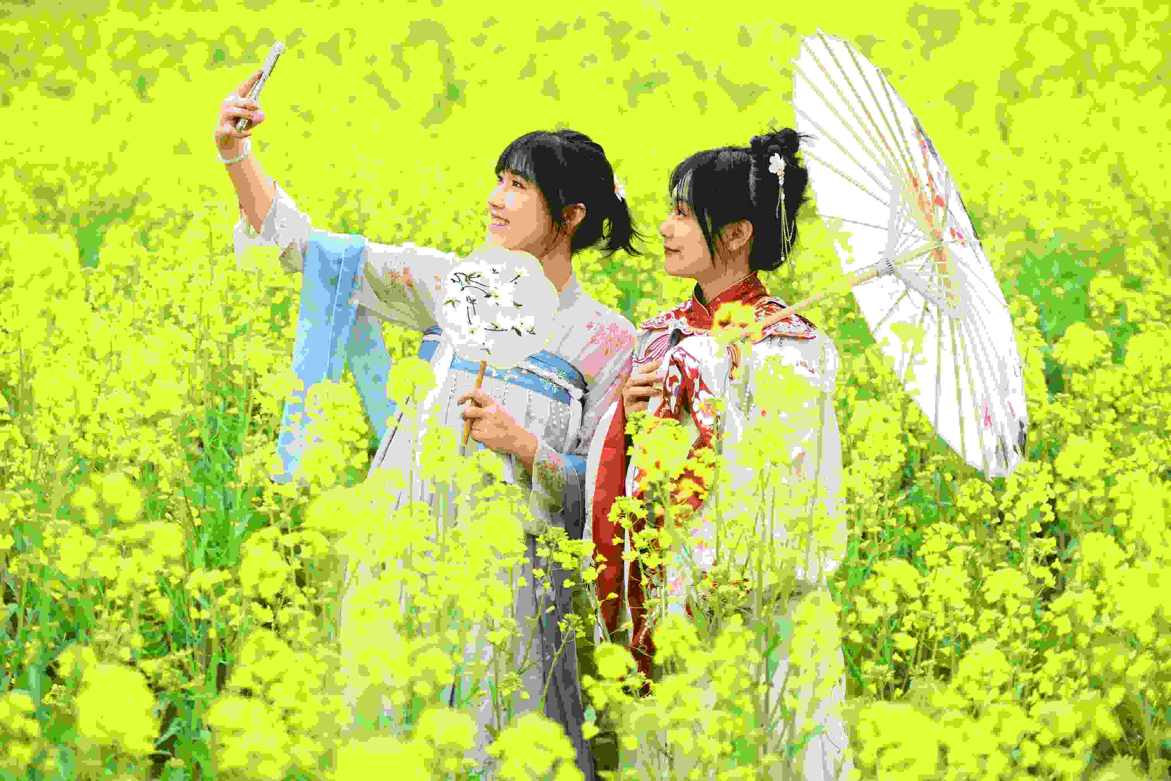 △ 2024年2月16日，廣西賀州，在富川瑤族自治縣麥嶺鎮(zhèn)三民村，游客在油菜花田間賞花拍照。