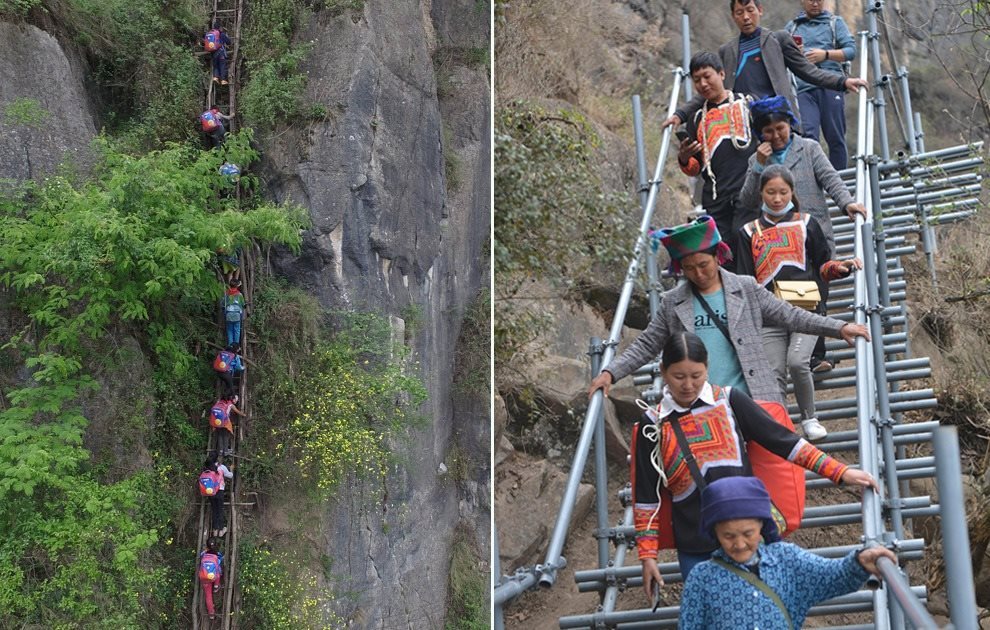 “懸崖村”今昔對比：左圖為2016年5月14日，“懸崖村”的孩子們攀爬木梯回家。右圖為2020年5月13日，“懸崖村”村民帶著行李通過鋼梯下山，搬遷至易地扶貧集中安置點的新家。