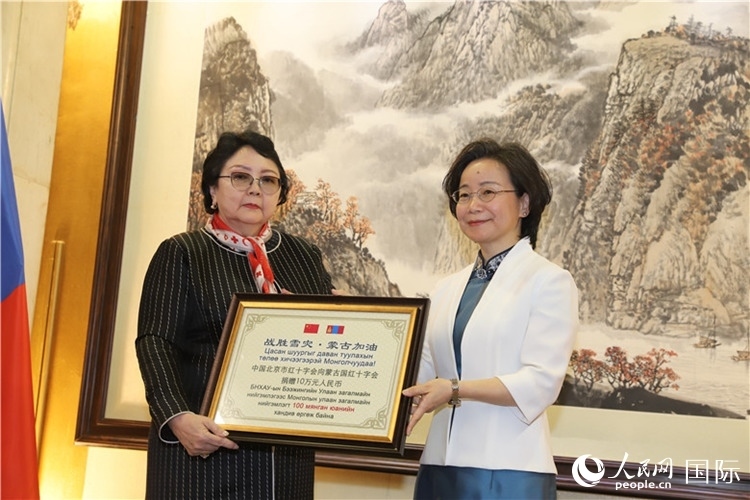 沈大使向?qū)殑跔柆敚ㄗ螅┟貢?shū)長(zhǎng)轉(zhuǎn)交捐款。人民網(wǎng)記者 霍文攝