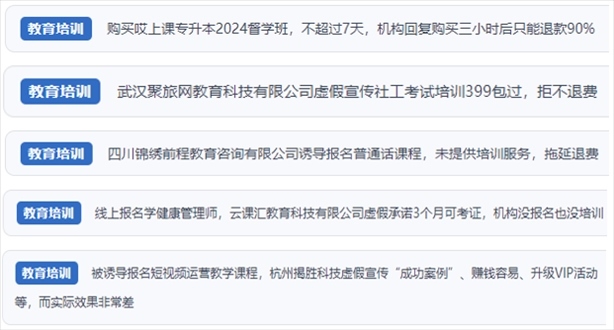 “人民投訴”用戶舉報(bào)機(jī)構(gòu)虛假宣傳包過(guò)包拿證、虛假承諾收益效果、課程服務(wù)貨不對(duì)板、退款難等在線教培亂象。（“人民投訴”平臺(tái)截圖）