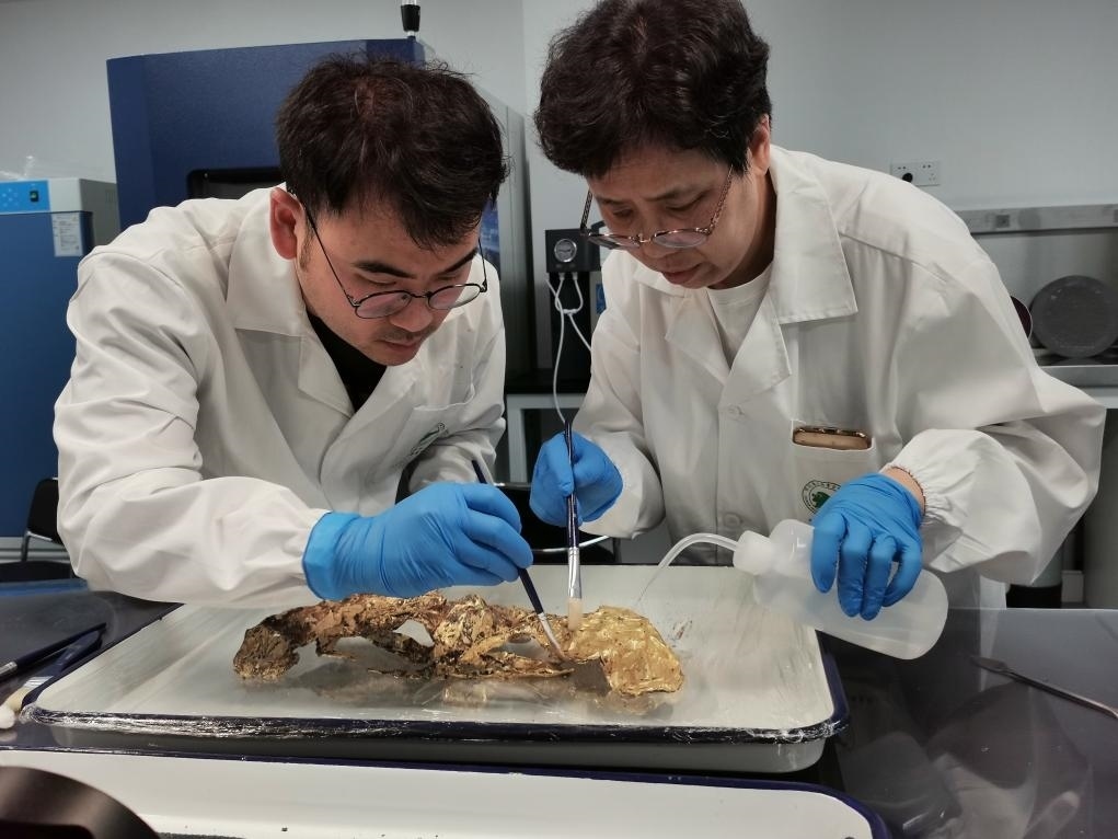 2023年7月，馬燕如（右）帶著魯海子（左）修復(fù)三星堆遺址出土的黃金面具。新華社發(fā)（四川省文物考古研究院供圖）