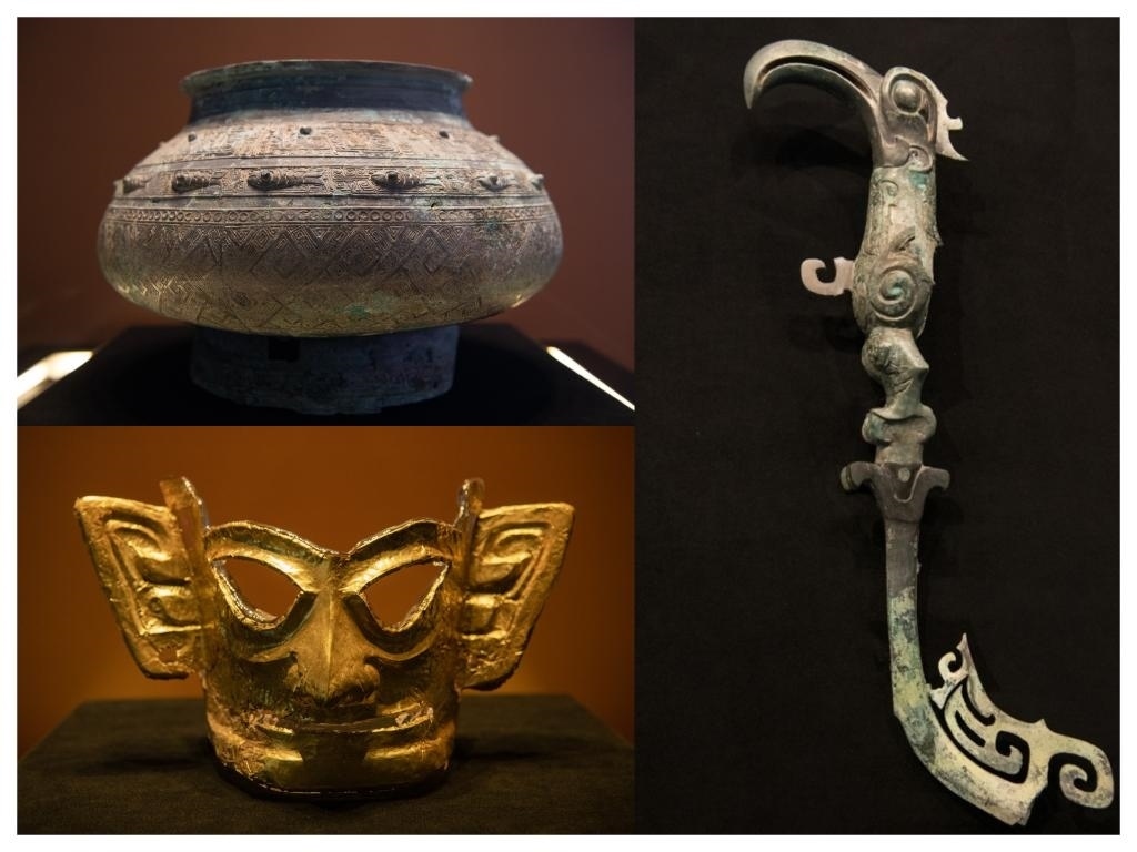 拼版照片：左上圖為青銅瓿，左下圖為黃金面具，右圖為青銅樹枝。新華社記者唐文豪 攝