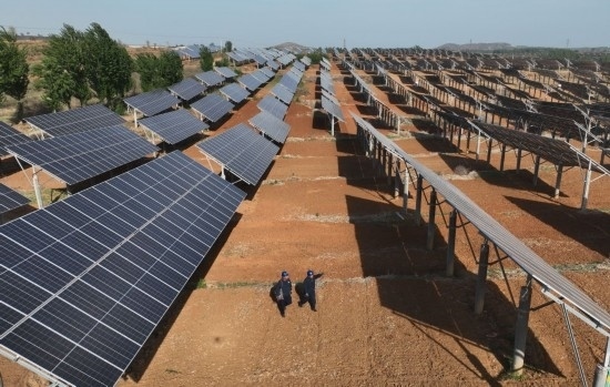 2024年4月16日，工人在河北省石家莊市靈壽縣譚莊鄉(xiāng)程家莊村的“農(nóng)光互補(bǔ)”光伏發(fā)電場(chǎng)巡查（無人機(jī)照片）。新華社記者 楊世堯 攝