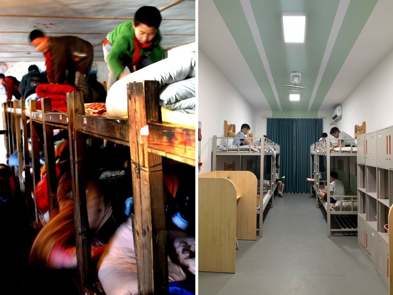 縉云縣東渡鎮(zhèn)長(zhǎng)坑小學(xué)2005年以前的學(xué)生宿舍（左），以及現(xiàn)在的學(xué)生宿舍（右） 學(xué)校供圖