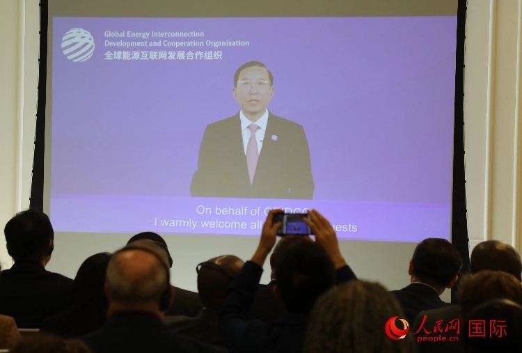 全球能源互聯(lián)網(wǎng)發(fā)展合作組織主席、中國電力企業(yè)聯(lián)合會理事長辛保安通過視頻方式致辭。人民網(wǎng)記者 李志偉攝