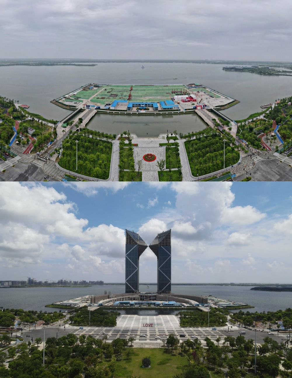 拼版照片：空中俯瞰中國（上海）自由貿(mào)易試驗區(qū)臨港新片區(qū)滴水湖西島中銀金融中心項目現(xiàn)場（上圖為2021年6月20日攝，無人機照片；下圖為2024年8月14日攝，無人機照片）。2019年8月20日，臨港新片區(qū)揭牌成立，一個開放新高地在長江與東海交匯處日益崛起。