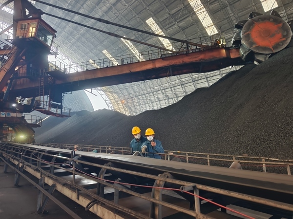 趙善國（右）和同事對電廠煤場進行巡檢。受訪者供圖