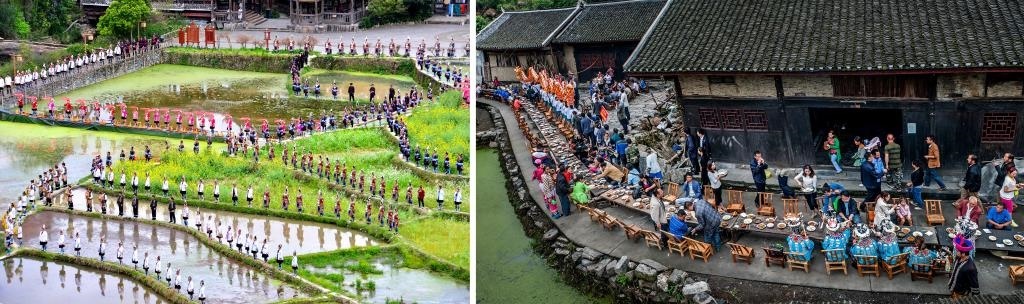 左圖：近期，人們?cè)诶杵娇h肇興侗寨的田園里演唱侗族大歌（黎平縣委宣傳部供圖）；右圖：這是2023年拍攝的十八洞村長(zhǎng)桌宴（湘西州委宣傳部供圖）。