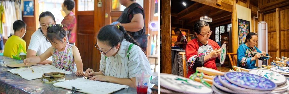 左圖：近期，游客在黎平縣肇興侗寨體驗(yàn)非遺蠟染藝術(shù)（黎平縣委宣傳部供圖）；右圖：這是2024年拍攝的繡娘在十八洞村梨子寨苗繡鄉(xiāng)村振興示范基地制作苗繡產(chǎn)品（湘西州委宣傳部供圖）。