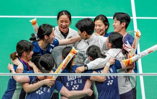 5月3日，韓國隊慶祝晉級決賽。新華社記者 孫非 攝