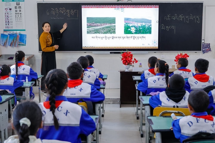 2024年9月27日，在四川省甘孜藏族自治州道孚縣城關(guān)第一完全小學(xué)，采取“藏加模式”教學(xué)的五年級(jí)一班的藏語(yǔ)文課上，準(zhǔn)木周老師指導(dǎo)藏族學(xué)生以家鄉(xiāng)草原風(fēng)物為主題寫(xiě)作藏語(yǔ)文作文。新華社記者 沈伯韓 攝